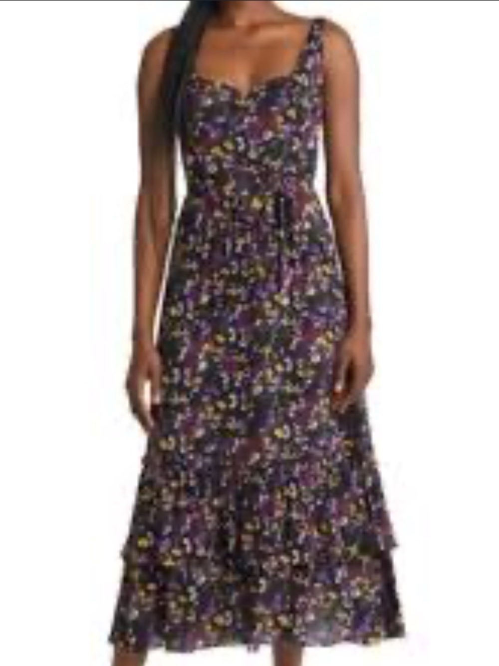 PAIGE Michelada Dress: Black Floral Tiered Midi Length